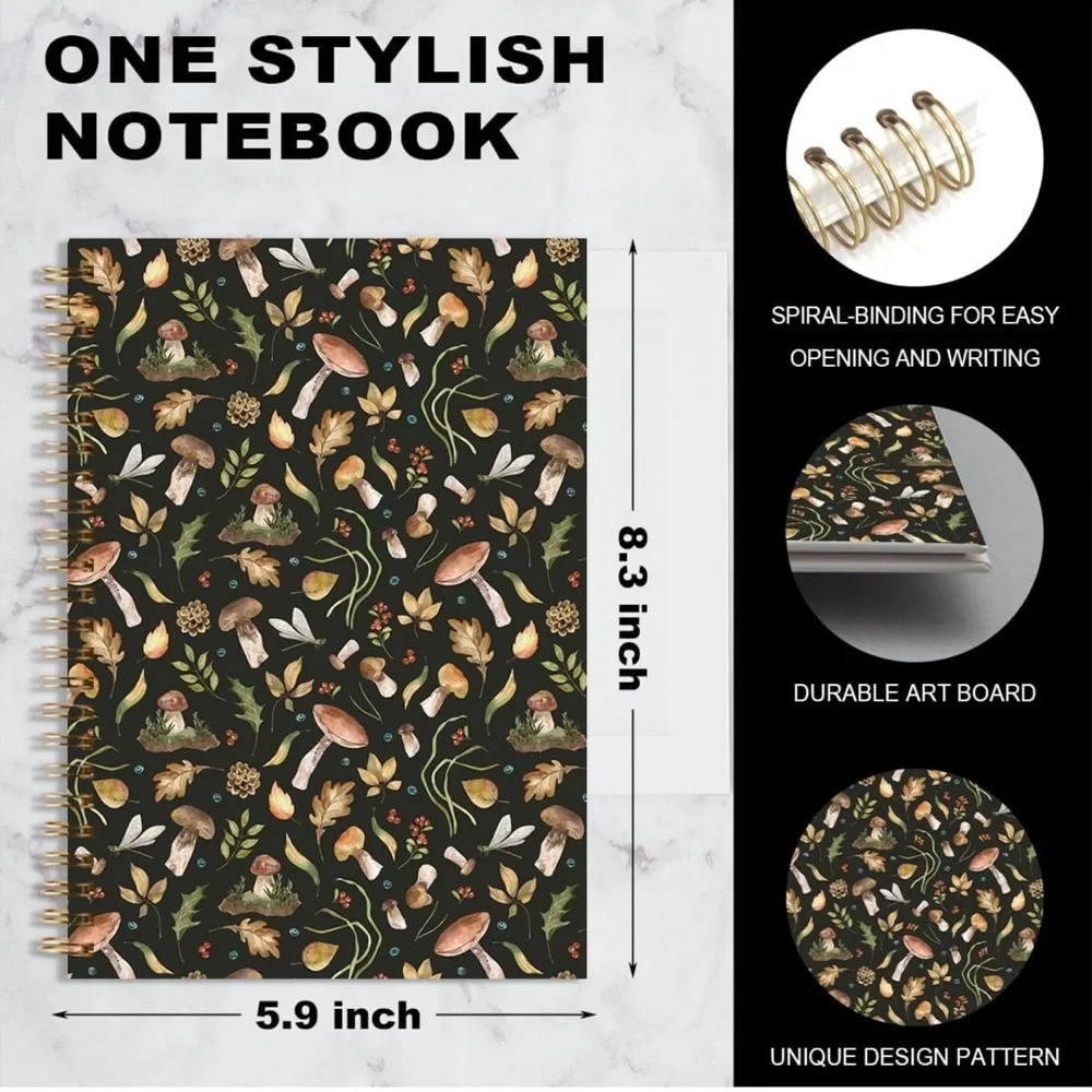 Mushroom Pattern Hardcover Spiral Notebook, New 🍄‍🟫 📓